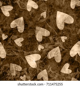 Brown seamless texture with curved stripes and hearts. Abstract vector background for web page, banners, fabric, valentines day decor, wrapping