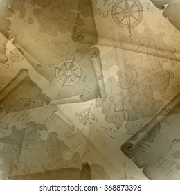 brown seamless texture of old map of Treasure Island with a compass and manuscripts, vector illustration