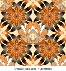 Brown Seamless Texture with Round Decoration Elements. Vector Illustration of Background Pattern. Lotus.