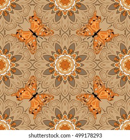 Brown Seamless Texture with Round Decoration Elements. Vector Illustration of Background Pattern. Butterfly.