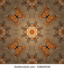 Brown Seamless Texture with Round Decoration Elements. Vector Illustration of Background Pattern. Butterfly.