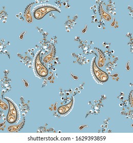 brown seamless vector paisley pattern on blue background