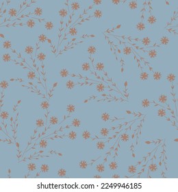 brown seamless vector small flowers with leaves pattern on blue background