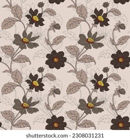 brown seamless vector stock flowers with leaf pattern on background