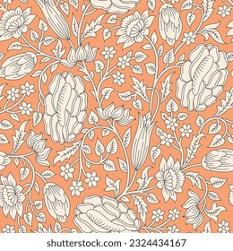 flores marrón sin costura vectorial hojas patrón de fondo naranja