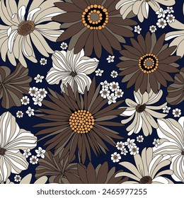 brown seamless vector stock flowers pattern on navy background