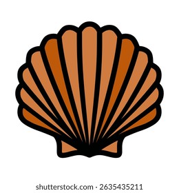 Brown seashell shows radiating pattern on white background detail