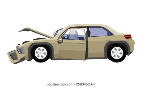 Brown sedan car was severely damaged. Bonnet was distorted. Front bumper has broken apart. Airbags deployed from steering wheel. On isolated white background.