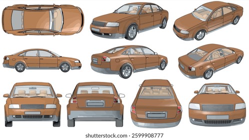 Brown Sedan Car Vector images are produced from the tracing process. View from side, front, back, top, Perspective