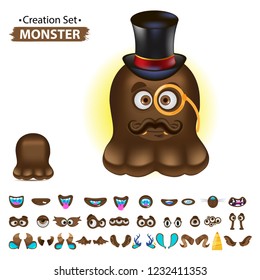 Brown serious monster with a mustache in pince-nez and hat topper. A selection of cliparts with hats, eyes, ears and horns. Image on white background.