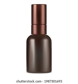 Brown serum bottle. Amber collagen container mockup. Essential oil cosmetic flacon with pipette. Eyedropper flask vector design for liquid parfume. Skin cosmetic vial mock up