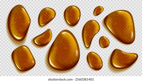 Brown serum drops set isolated on transparent background. Vector realistic illustration of oil or honey, abstract yellow liquid droplets with bubbles, skin or hair care cosmetics, food product sample