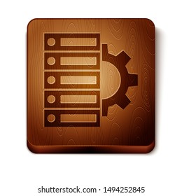 Brown Server and gear icon isolated on white background. Adjusting app, service concept, setting options, maintenance, repair, fixing. Wooden square button. Vector Illustration