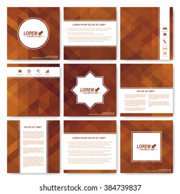 Brown set of brochure. Square brochure template . Business, science, medicine and technology design. Brown background card. Cover layout  with brown triangles