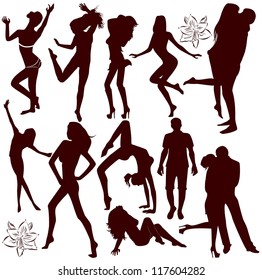 brown set of silhouettes of couples, girls and guys