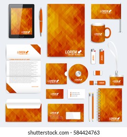 Brown set of vector corporate identity template. Modern stationery mock-up. Background with brown triangles. Business, science, medicine and technology design. Branding design