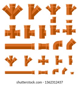 Brown sewage pipes flat icons. Set parts and pipes of engineering sewer system.