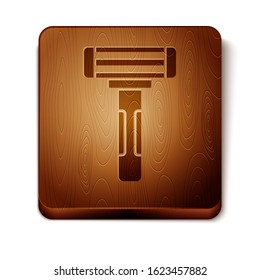Brown Shaving razor icon isolated on white background. Wooden square button. Vector Illustration