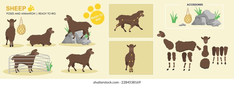 Brown Sheep, lamb, Farm animals, ready to rig vector for animation, collection poses and angles, farm animal cartoons.