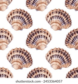 Braune Schalen Vektorgrafik nahtlose Muster Stoff Print Sommer-Design. In: Pearl Sea Bivalves. Muscheln Strand Elemente. Sommertextildruck. 