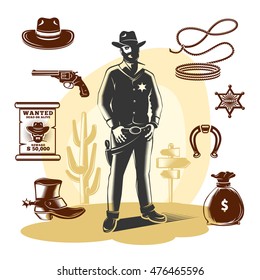 Brown sheriff icon set with equipment and accessories on light brown background vector illustration