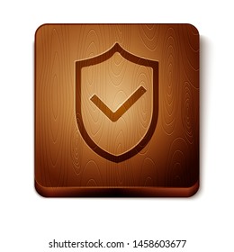 Brown Shield with check mark icon isolated on white background. Protection symbol. Security check Icon. Tick mark approved icon. Wooden square button. Vector Illustration