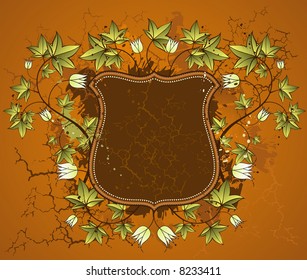 Brown shield and decorative flowers and leafs