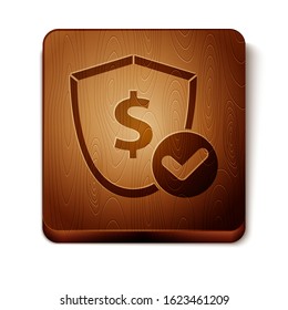 Brown Shield with dollar symbol icon isolated on white background. Security shield protection. Money security concept. Wooden square button. Vector Illustration
