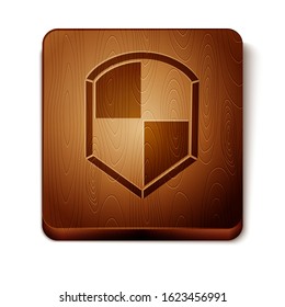 Brown Shield icon isolated on white background. Guard sign. Security, safety, protection, privacy concept. Wooden square button. Vector Illustration