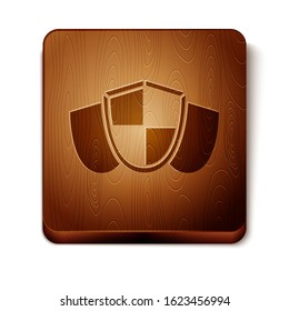 Brown Shield icon isolated on white background. Guard sign. Security, safety, protection, privacy concept. Wooden square button. Vector Illustration