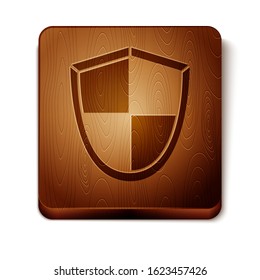 Brown Shield icon isolated on white background. Guard sign. Security, safety, protection, privacy concept. Wooden square button. Vector Illustration
