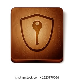 Brown Shield with key icon isolated on white background. Protection and security concept. Safety badge icon. Privacy banner. Defense tag. Wooden square button. Vector Illustration