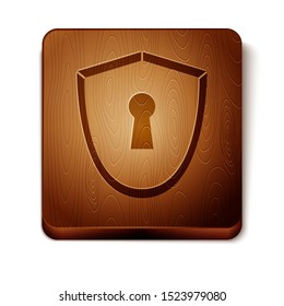 Brown Shield with keyhole icon isolated on white background. Protection, security concept. Safety badge icon. Privacy banner. Defense tag. Wooden square button. Vector Illustration