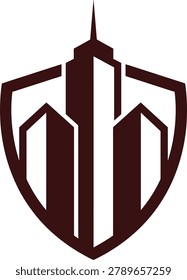 Brown shield logo with stylized cityscape and skyscraper silhouette