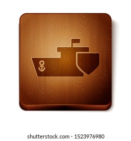 Brown Ship with shield icon isolated on white background. Insurance concept. Security, safety, protection, protect concept. Wooden square button. Vector Illustration