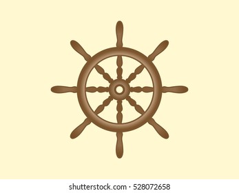 Brown ship steering wheel on light orange background