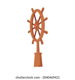 Brown ship wheel for steering a sail boat - sea travel navigation helm tool isolated on white background. Wooden wheel on platform from side view - flat vector illustration.