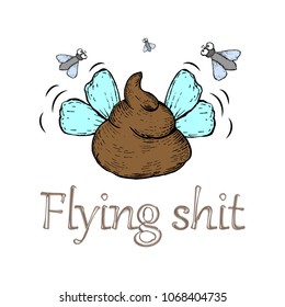 Brown shit with wings and flies in hand drawn style. Creative model shit. Cute shit emoji icon line symbol. Color Sketch. Outline vector illustration 