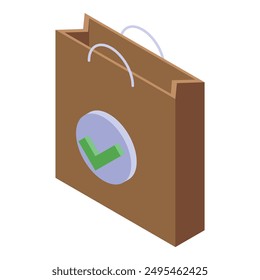 Brown shopping bag featuring a green tick mark, symbolizing a successful purchase and order confirmation