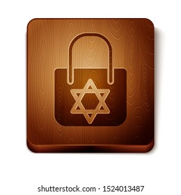 Brown Shopping bag with star of david icon isolated on white background. Package sign. Wooden square button. Vector Illustration
