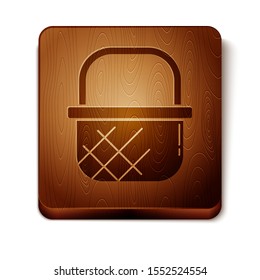 Brown Shopping basket icon isolated on white background. Online buying concept. Delivery service sign. Shopping cart symbol. Wooden square button. Vector Illustration