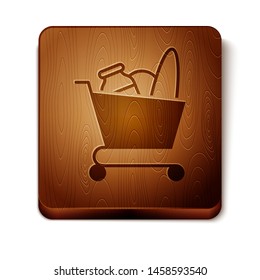 Brown Shopping cart and food icon isolated on white background. Food store, supermarket. Wooden square button. Vector Illustration