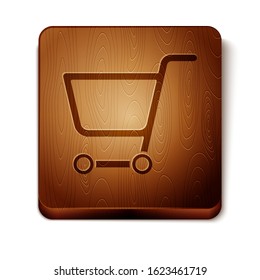 Brown Shopping cart icon isolated on white background. Online buying concept. Delivery service sign. Supermarket basket symbol. Wooden square button. Vector Illustration