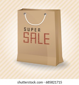 Brown shopping paper bag with super sale, vector illustration.