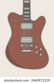 Brown signature metal electric guitar in detailed vector illustration. Created in the style of retro