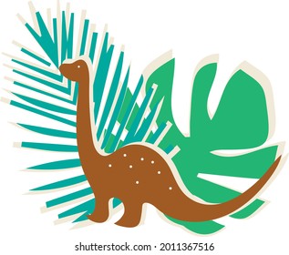 Brown silhouette of a dinosaur on a background of green leaves. Sticker. Pattern element.