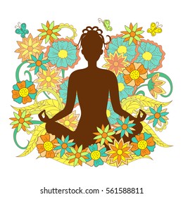 brown silhouette girl in yoga lotus pose with hand drawn floral pattern on backdrop for decorate visit card, posters yoga classes, courses, banners. eps 10.