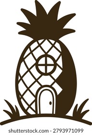 Brown silhouette of a house shaped like a pineapple on a white background with grass