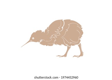 Brown silhouette of kiwi bird on white background. Vector illustration.
