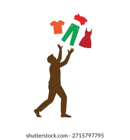 Una silueta marrón de un hombre que lanza camiseta roja, pantalones verdes y vestido rojo sobre un fondo blanco puro, creando una escena juguetona y vibrante con colores audaces y composición dinámica